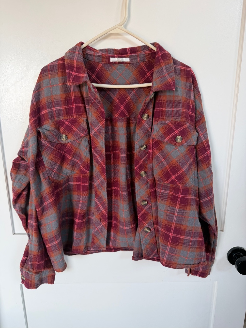 Women's Plaid Button-Front flannel in Pink Gray XXL